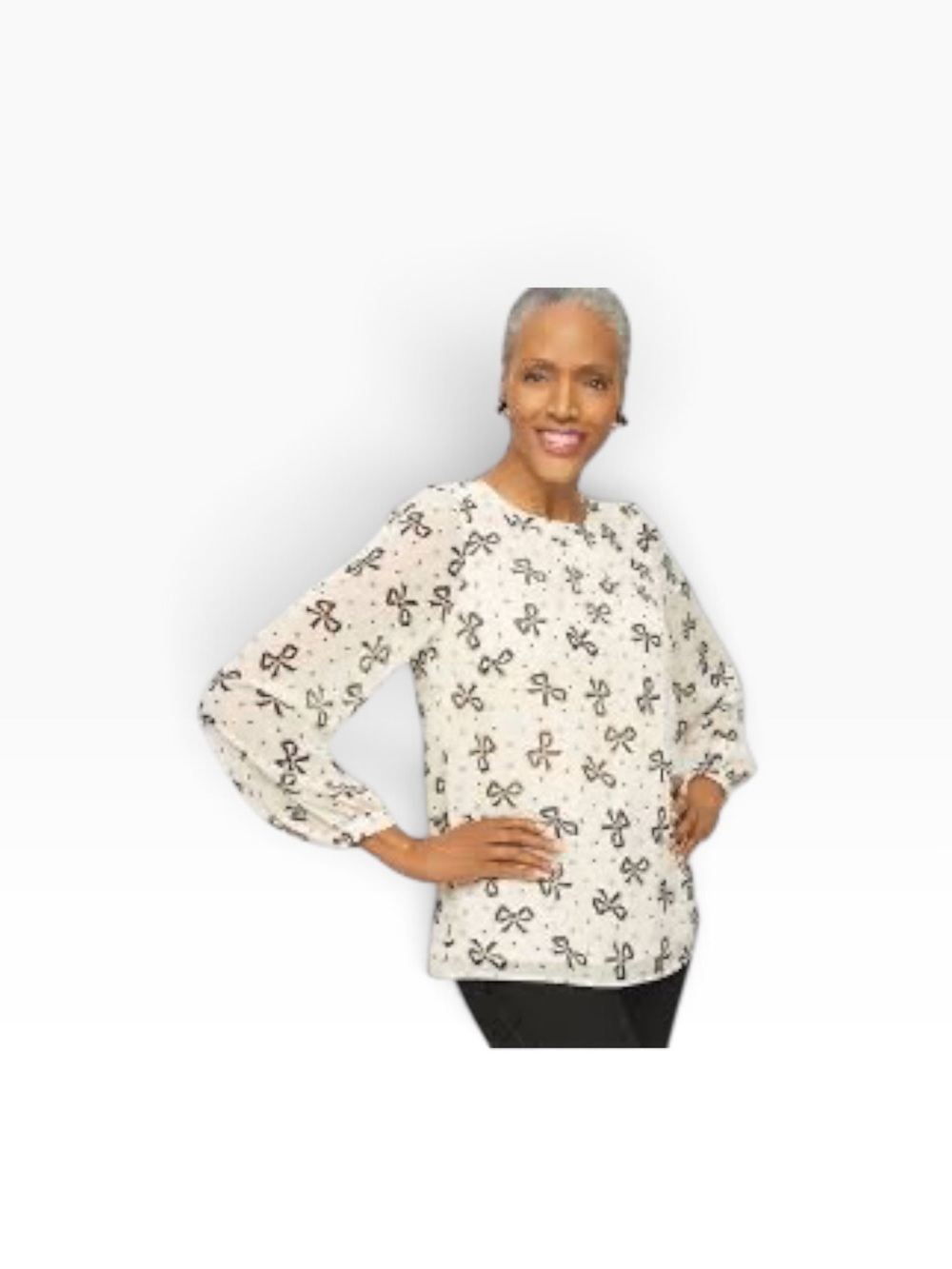 Talbots NWT Bow Print Metallic Blouse Black White Long Sleeve L